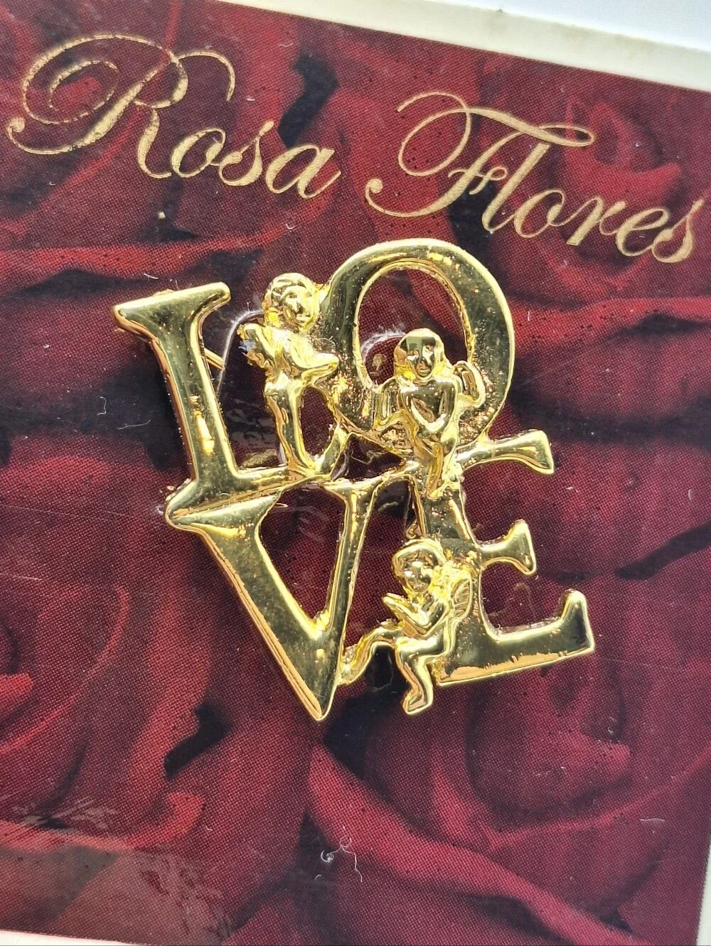 Rosa Flores Angel Love Brooch Gold Tone Cherub Pin Romantic Vintage Style